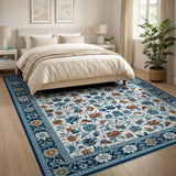 Navy Blue Floral Persian Area Rug with Orange Accents