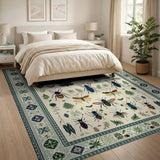 Washable Vintage Insect & Botanical Low Pile Non-Slip Area Rug