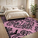 Elegant Black Damask Floral on Pink Area Rug