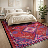 Vibrant Red Geometric Tribal Area Rug