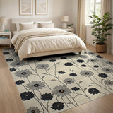 Vintage Black Daisy Floral Beige Area Rug