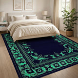 Teal Floral Border Navy Persian Area Rug