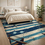 Distressed Nautical Blue Striped Coastal Rug