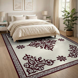 Ornate Maroon Floral Cream Area Rug
