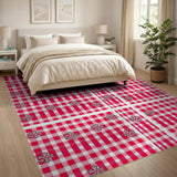 Red Gingham Checkered Area Rug with Floral Motifs