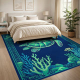 Coastal Beach Teal Sea Turtle Coral Reef Area Rug