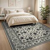 Elegant Black Floral Ivory Persian Area Rug