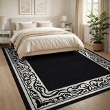 Ornate Floral Border Area Rug - Black White