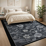 Black White Hibiscus Floral Area Rug