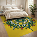 Vibrant Yellow Mandala Rug with Green Tulips Red Accents