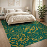 Teal Gold Floral Vine Area Rug