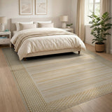 Coastal Beach Beige Striped Woven Area Rug with Braided Border