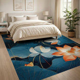 Teal Lotus Blooms Area Rug with Orange Petals