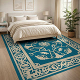 Teal Persian Floral Area Rug with Ornate Cream Border
