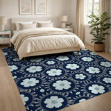 Navy Blue Swirling Daisy Floral Area Rug