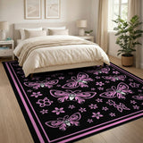 Pink Butterflies Flowers Black Area Rug