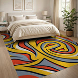 Bold Yellow Red Geometric Swirl Area Rug