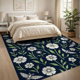 White Anemone Flowers Moths Navy Pattern Area Rug