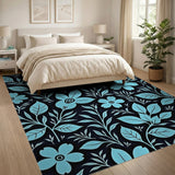 Teal Floral Leaves on Black Area Rug