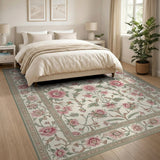 Pink Floral Vintage Area Rug with Cream Base