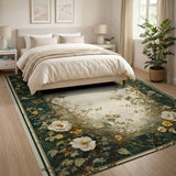 Ornate Green Peony Vine Border Rug