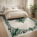 Green Ornate Green Border Cream Area Rug