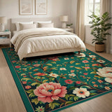 Emerald Green Peony Floral Area Rug