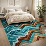 Teal Ocean Waves Crashing Mountains Geometric Rug