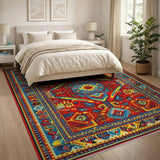 Vibrant Red Multi-Color Geometric Tribal Area Rug