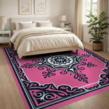 Elegant Pink Persian Area Rug with Ornate Black Motifs