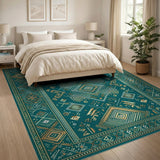 Blue and Teal Teal Gold Geometric Heritage Tribal Area Rug