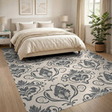 Beige and Neutral Elegant Grey Damask Floral Area Rug