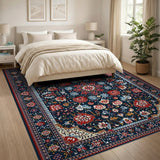 Navy Persian Floral Area Rug with Red Motifs