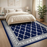 Navy Trellis Geometric Area Rug with Ornate Border