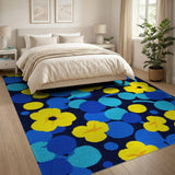 Yellow Flowers and Blue Dots Navy Area Rug