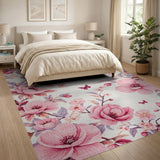 Pink Peony Floral Area Rug with Butterflies