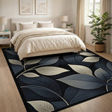 Modern Blue Teal Leaves Area Rug on Black