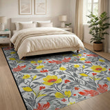 Vibrant Yellow Red Floral Grey Area Rug