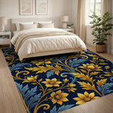 Navy Blue Gold Lily Floral Vintage Area Rug