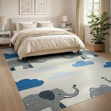 Playful Grey Elephants Blue Clouds Kids Area Rug