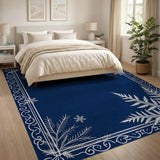 ODIKA Washable Navy Blue Ornate Winter Fern Low Pile Area Rug