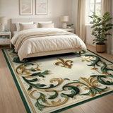 ODIKA French Fleur-de-lis Gold & Green Washable Area Rug - Low Pile, Non-Slip, Pet Friendly