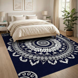 Intricate White Mandala on Navy Area Rug