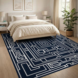 Geometric Modern Black and White Navy Maze Labyrinth Geometric Area Rug