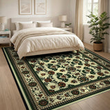 Ivory Persian Area Rug with Green Vines Rust Flowers