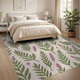 Green Fern Pink Blossom Floral Pattern Rug