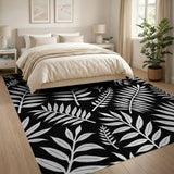 White Fern Leaves on Black Area Rug