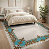 Elegant Teal Gold Ornate Floral Border Rug