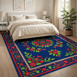 Navy Persian Floral Area Rug with Red Blooms