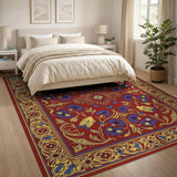 Red Persian Floral Rug with Gold Borders Blue Irises